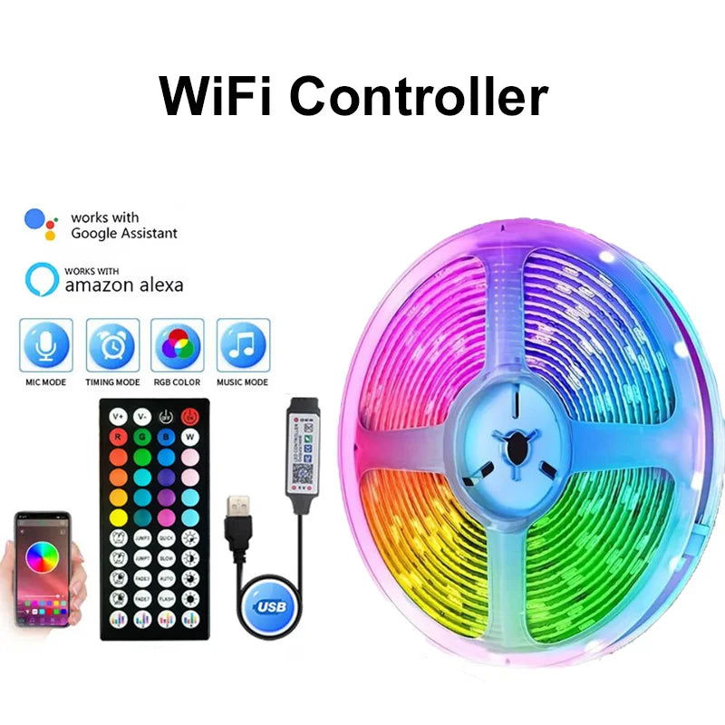 Tira de luces LED RGB con WiFi para sincronizar música en la habitación, 10 m, 20 m y 30 m, flexible, ideal para dormitorio, juegos, decoración, retroiluminación de TV.
