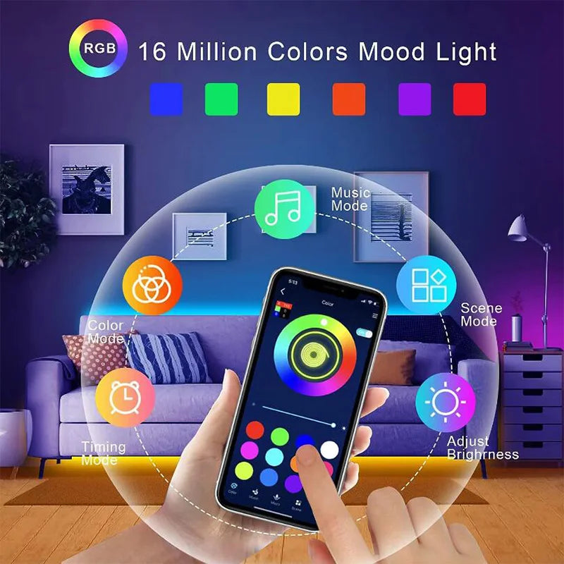 Tira de luces LED con Bluetooth SMD 5050 RGB, control remoto por aplicación, cinta flexible de diodo, iluminación de fondo para TV, sala de juegos, decoración del hogar
