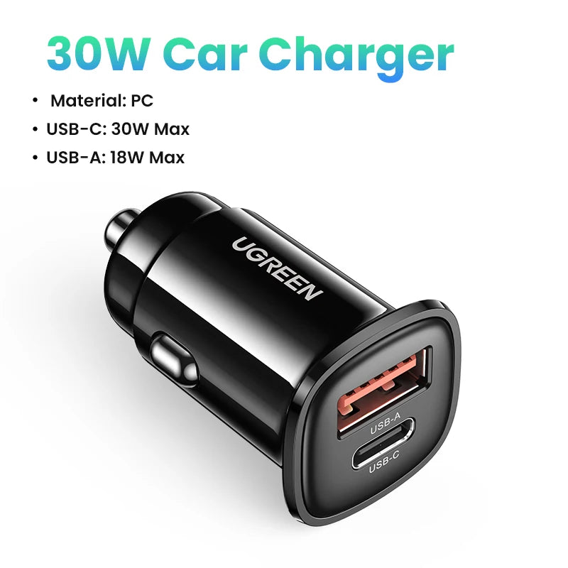 Cargador de coche UGREEN tipo C, cargador USB rápido para iPhone 17, 16, 15, Xiaomi, carga rápida 4.0 3.0, cargador de teléfono móvil PD