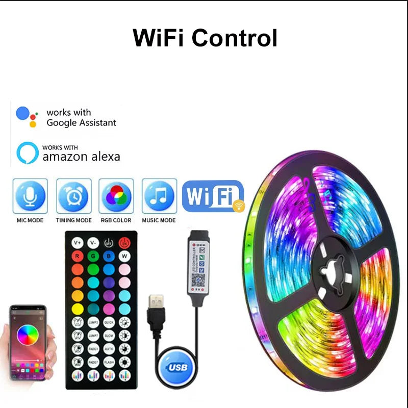Tira de luces LED con Bluetooth SMD 5050 RGB, control remoto por aplicación, cinta flexible de diodo, iluminación de fondo para TV, sala de juegos, decoración del hogar