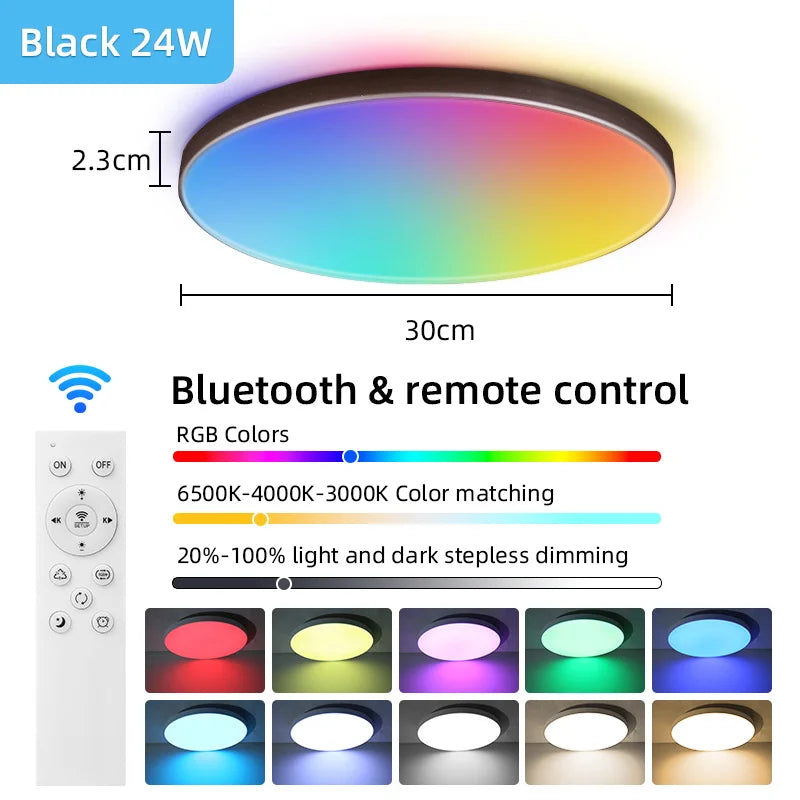 Lámpara de techo inteligente con panel LED regulable a distancia y control Bluetooth para sala de estar, fiesta, decoración RGB