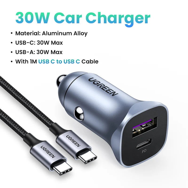 Cargador de coche UGREEN tipo C, cargador USB rápido para iPhone 17, 16, 15, Xiaomi, carga rápida 4.0 3.0, cargador de teléfono móvil PD